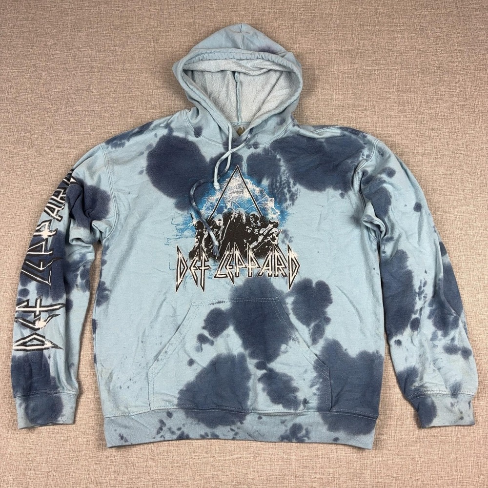 Def Leppard Hoodie Sweatshirt Mens M Blue Tie Dye Graphic Band Fleece Pullover